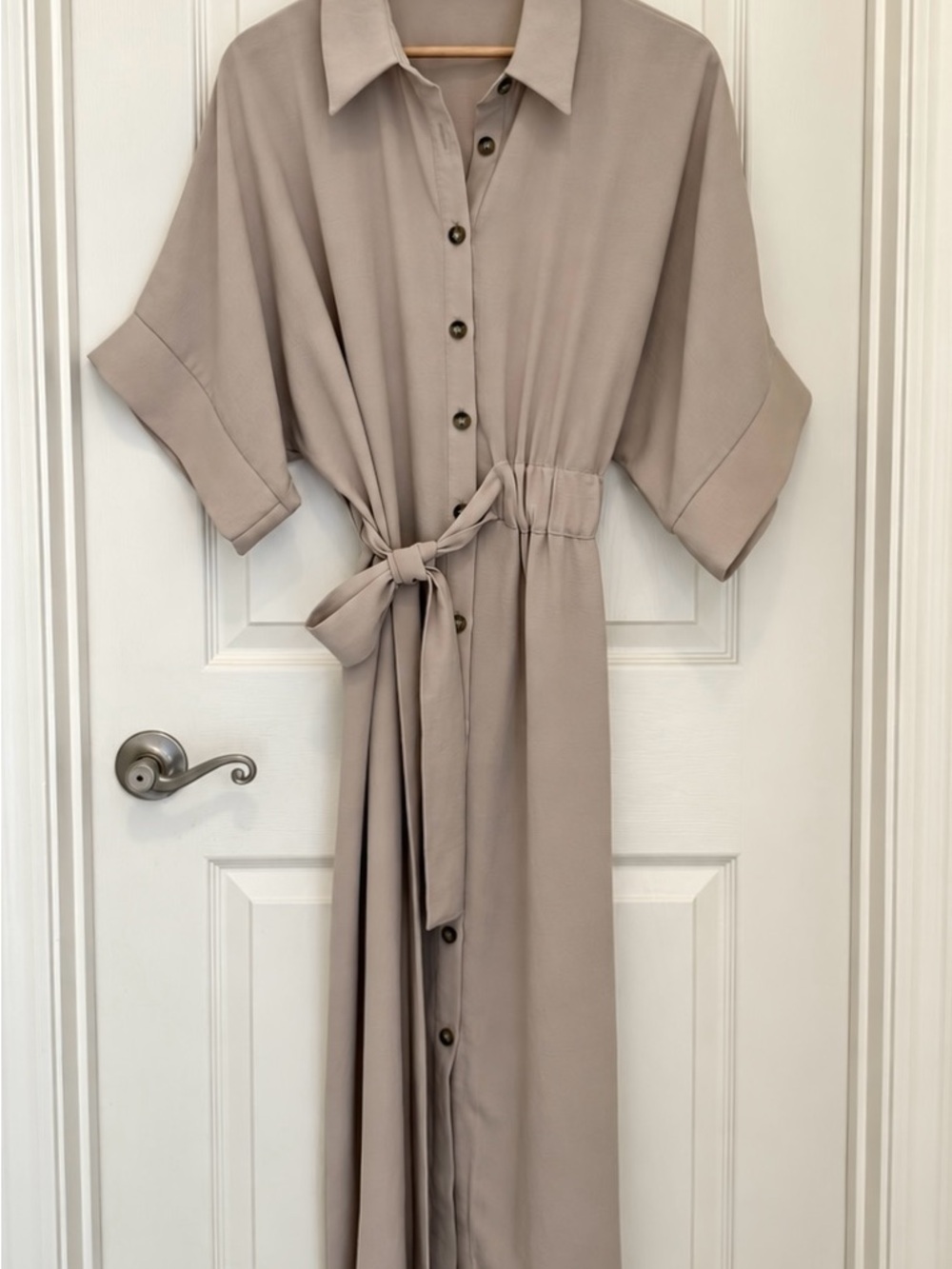 Zara Taupe Button-Front Maxi Shirt Dress with Tie Waist